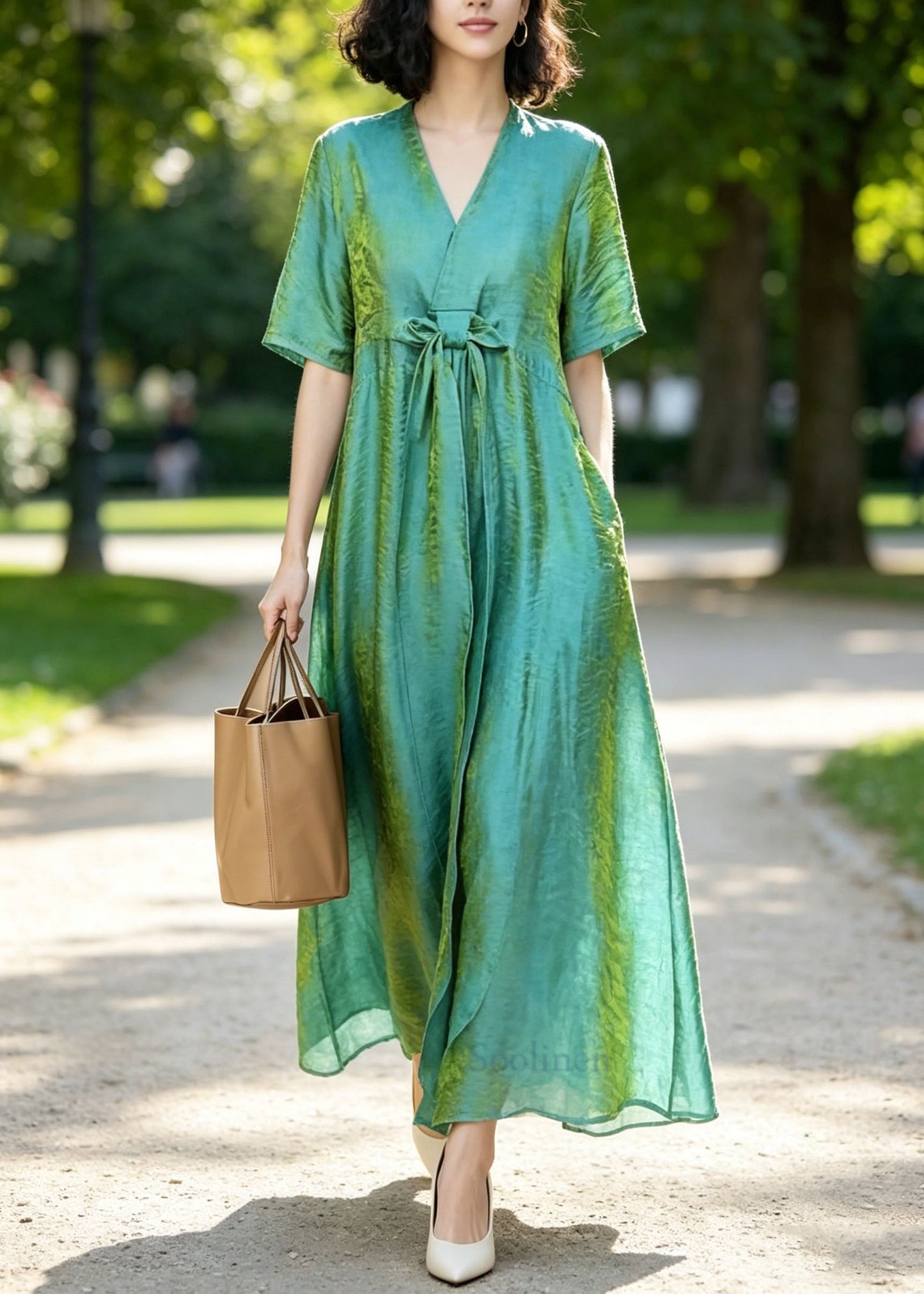 Women Blue V Neck Bow Silk Long Dresses Summer