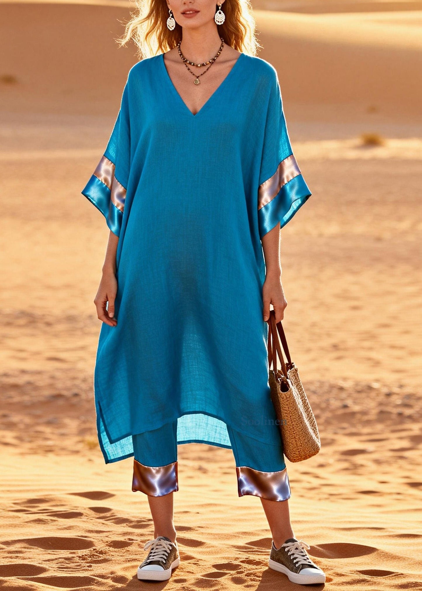 Women Blue V Neck Patchwork Linen Silk Two Pieces Set Summer
