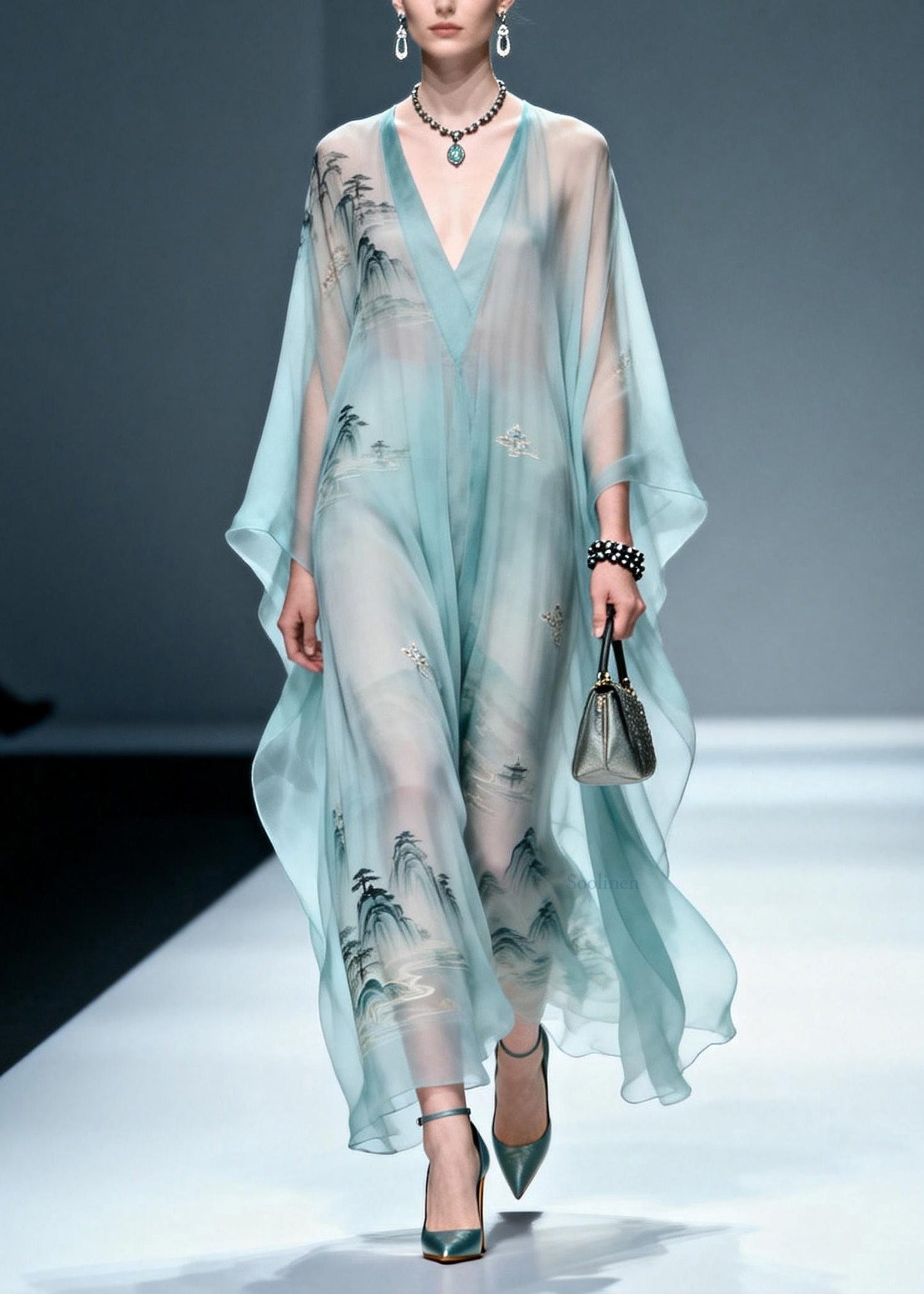 Women Blue V Neck Print Chiffon Long Dress Spring