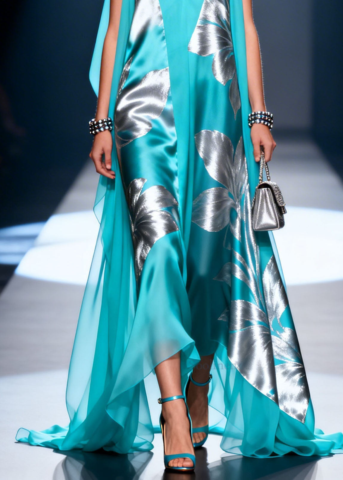 Women Blue V Neck Print Patchwork Chiffon Dresses Summer