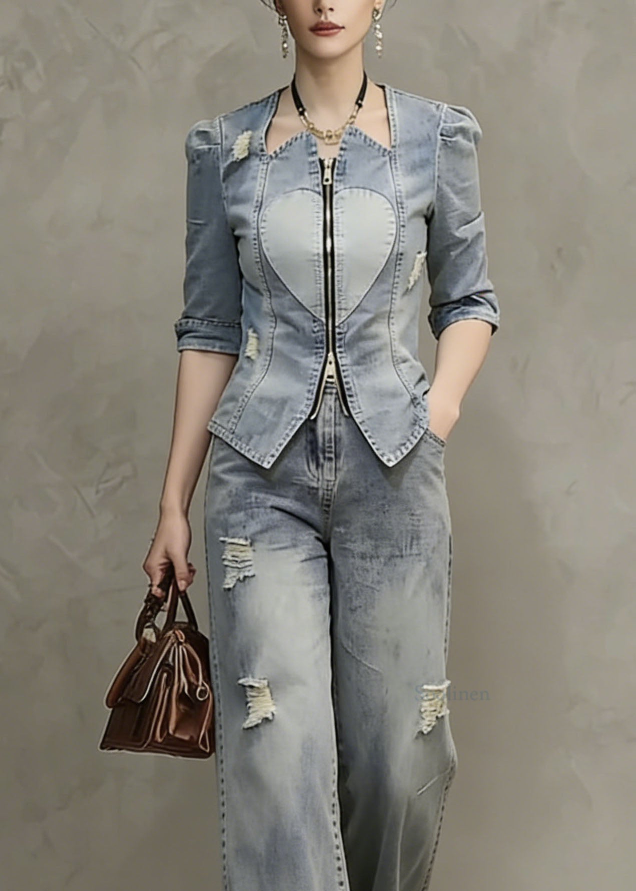 Women Blue Zip Up Patchwork Ripped Denim Two Pieces Set Spring