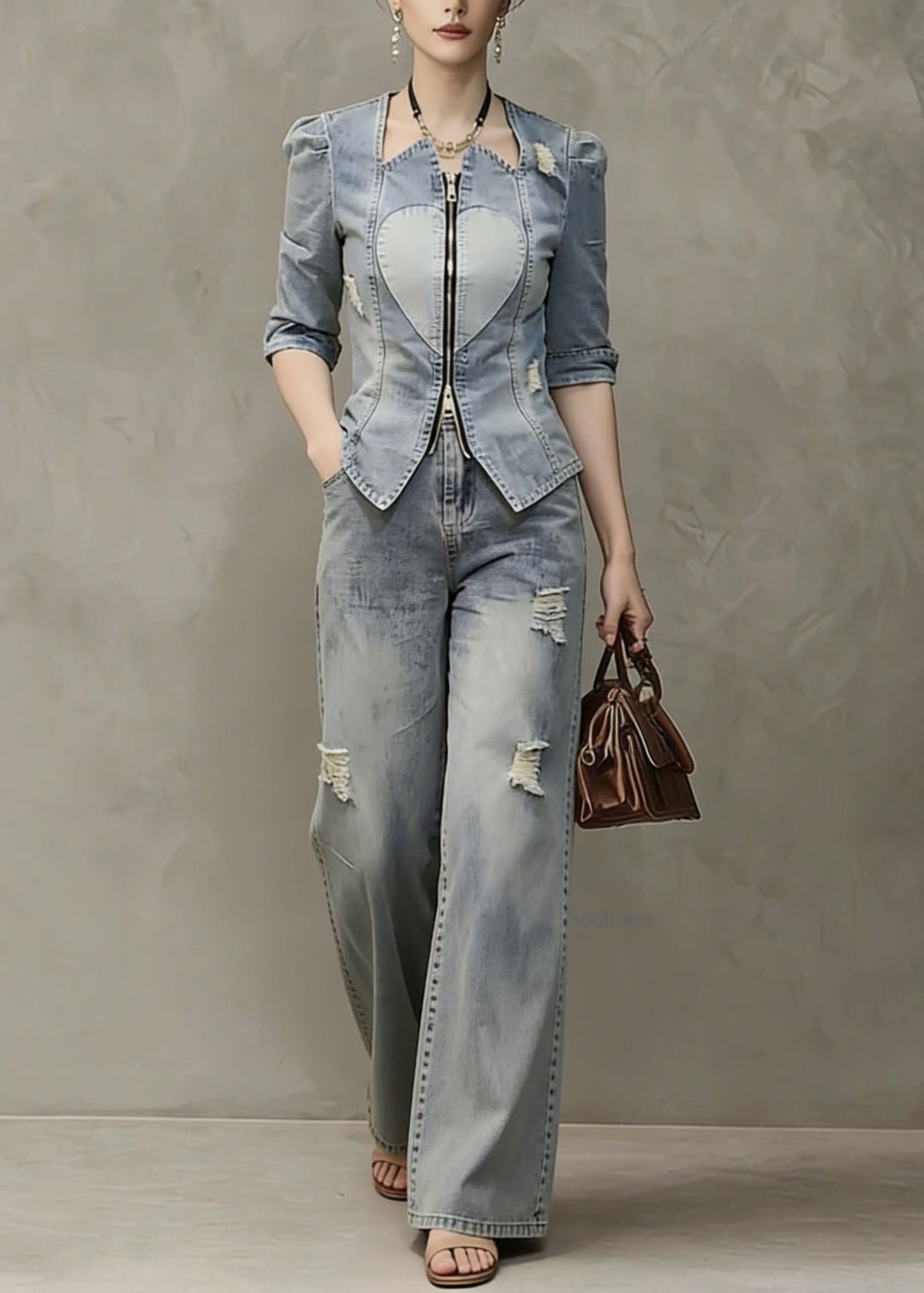 Women Blue Zip Up Patchwork Ripped Denim Two Pieces Set Spring