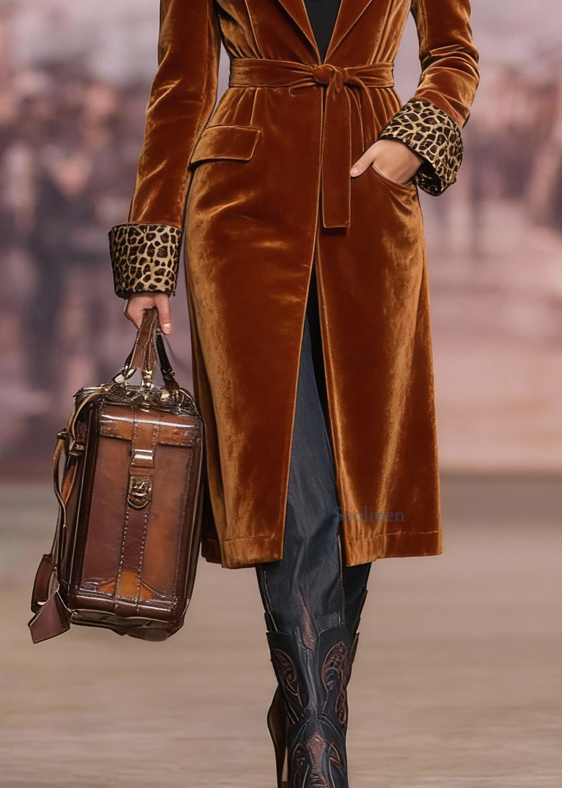 Women Brown Peter Pan Collar Lace Up Velvet Coat Spring