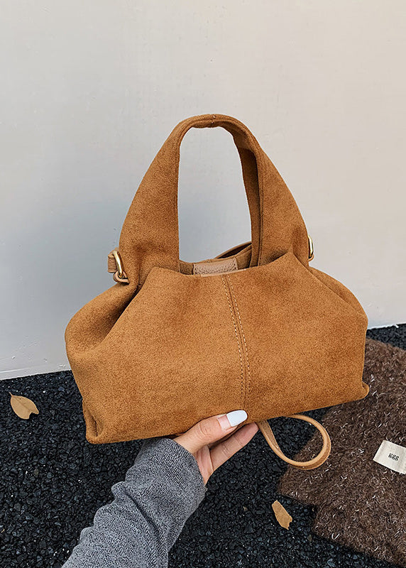 Women Camel Solid Durable Faux Suede Tote Handbag
