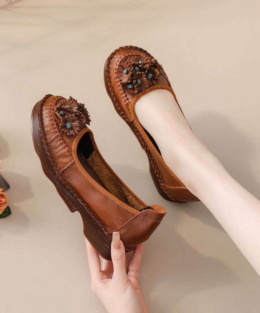Women Caramel Flats Cowhide Leather Comfortable Floral