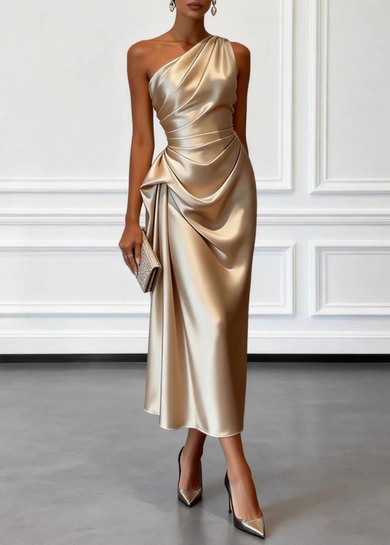 Women Champagne One Shoulder Wrinkled Silk Dress Summer