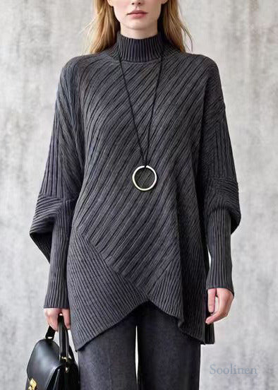 Women Charcoal Grey Oversized Knit Two Piece Set Batwing Sleeve