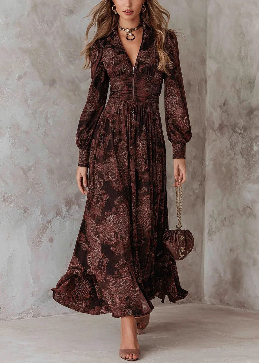 Women Chocolate Zip Up Print Wrinkled Cotton Maxi Dresses Fall