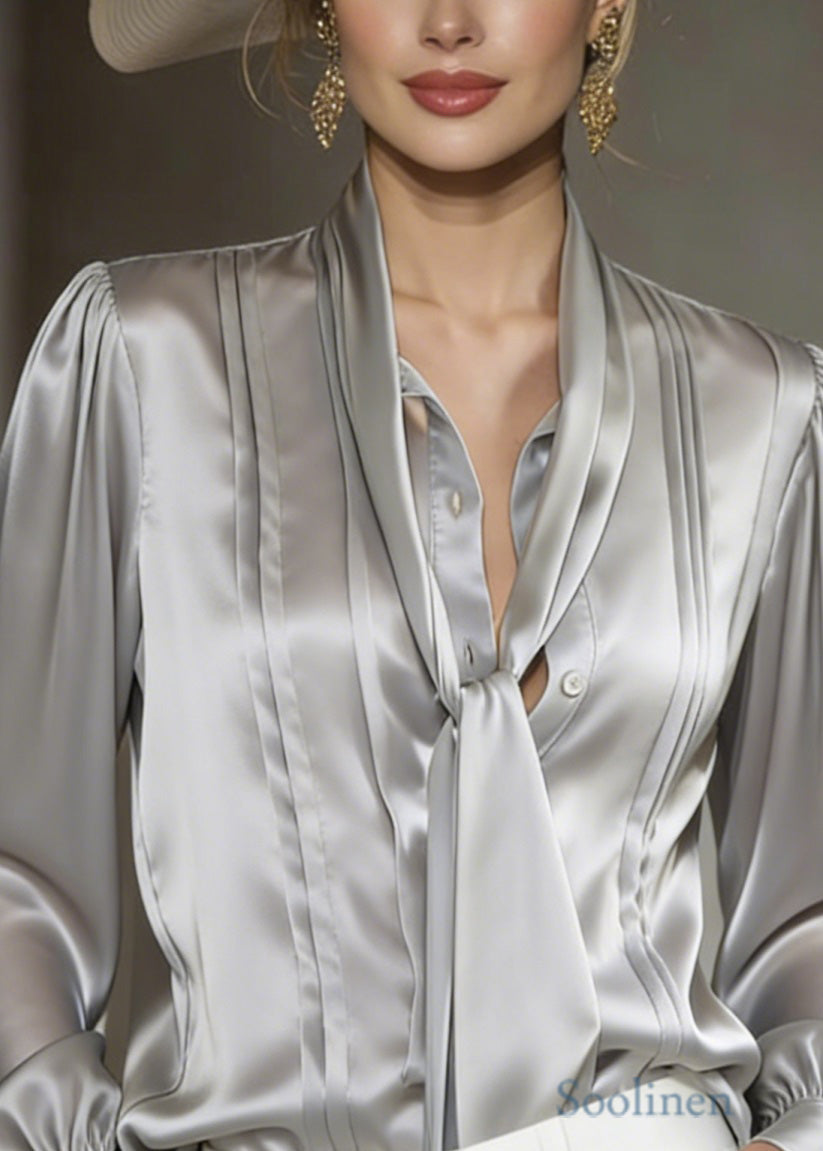 Women Classy Grey Lace Up Wrinkled Silk Blouses Spring