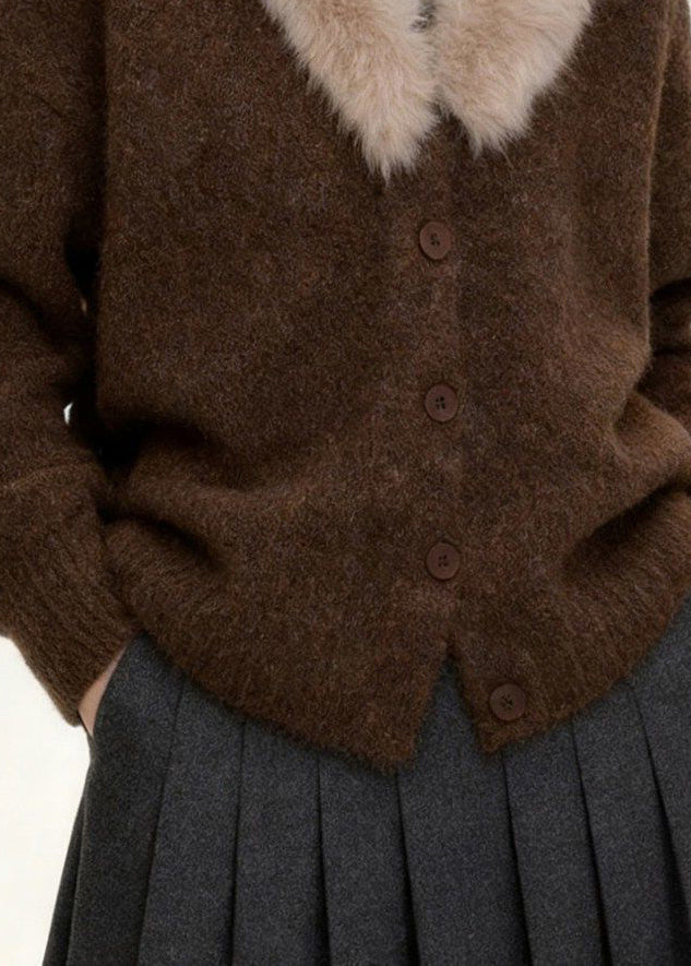 Women Coffee Fur Collar Button Patchwork Knit Coats Spring