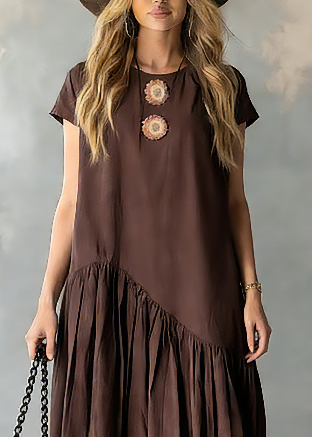 Women Coffee O-Neck Wrinkled Patchwork Long Dresses Short Sleeve