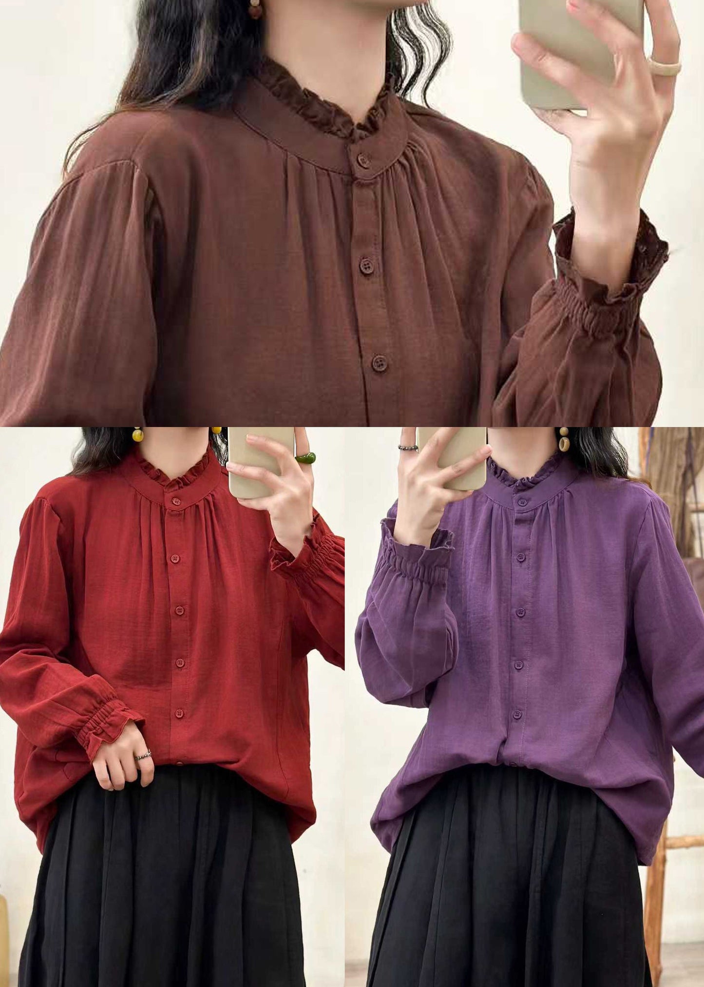 Women Coffee Oversized Stand Collar Cotton Blouses Fall