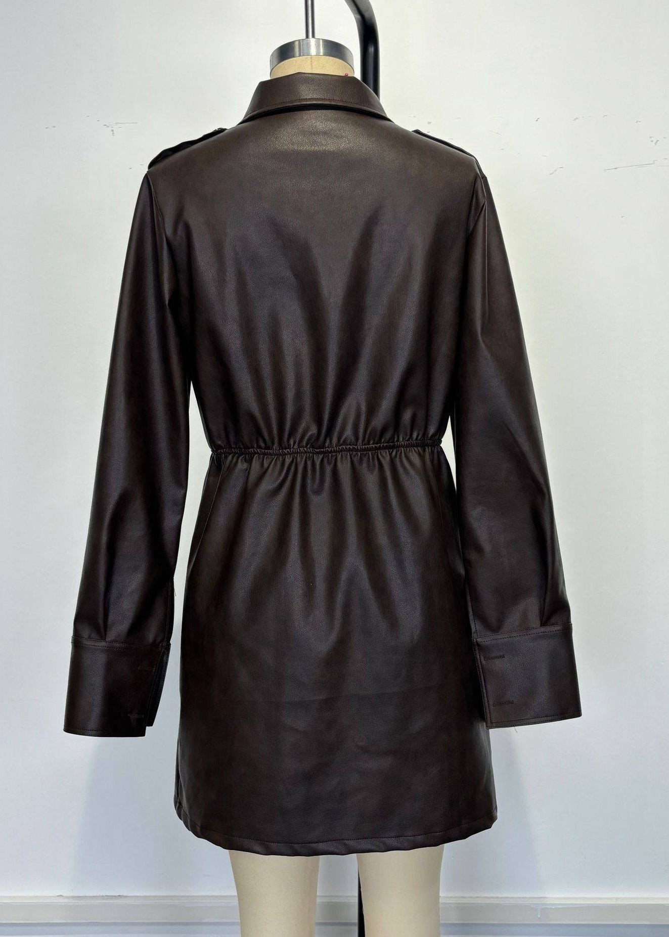 Women Coffee Peter Pan Collar Zippered Patchwork Faux Leather Mid Dress Spring