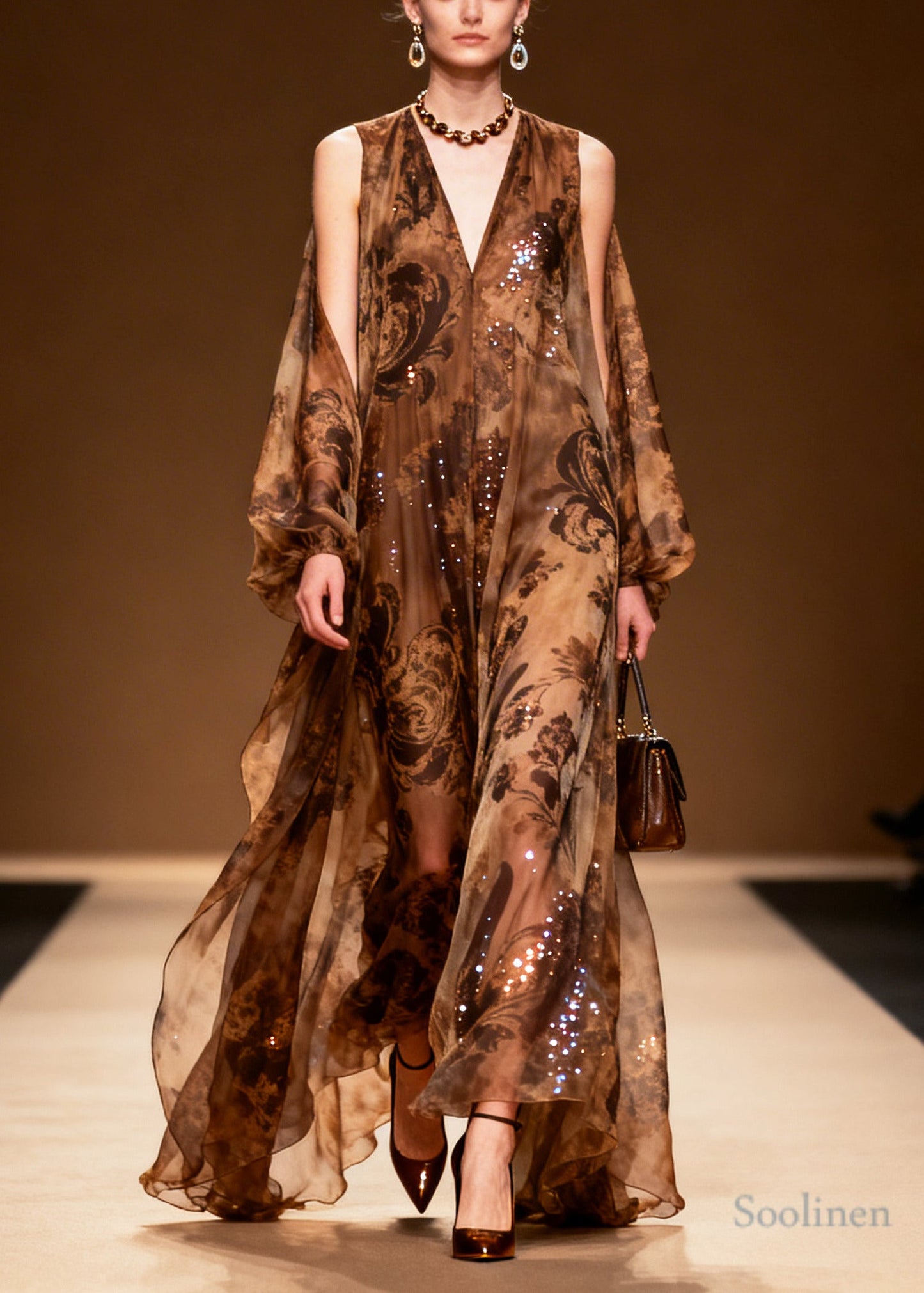 Women Coffee Print Sparkly Silk Vestidos Dresses Summer