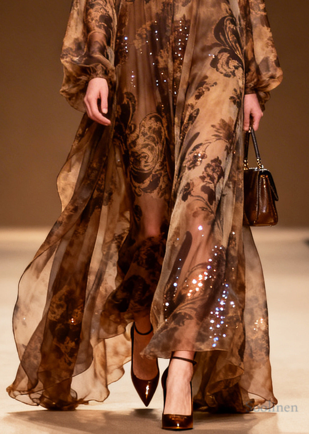 Women Coffee Print Sparkly Silk Vestidos Dresses Summer