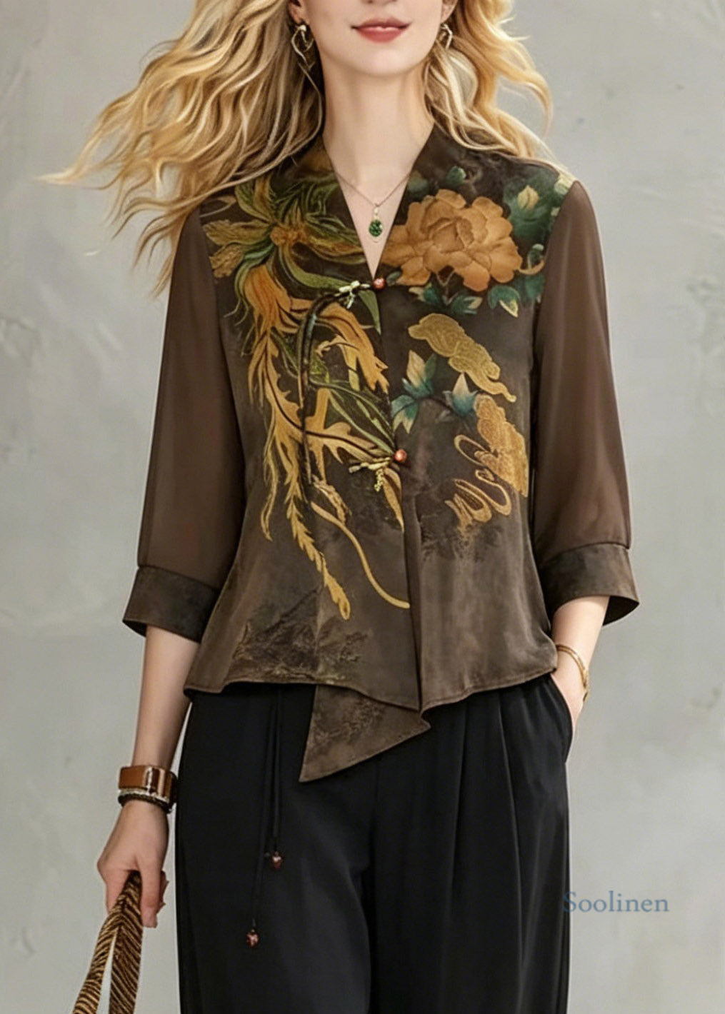 Women Coffee V Neck Print Chiffon Tops And Crop Pants Fall