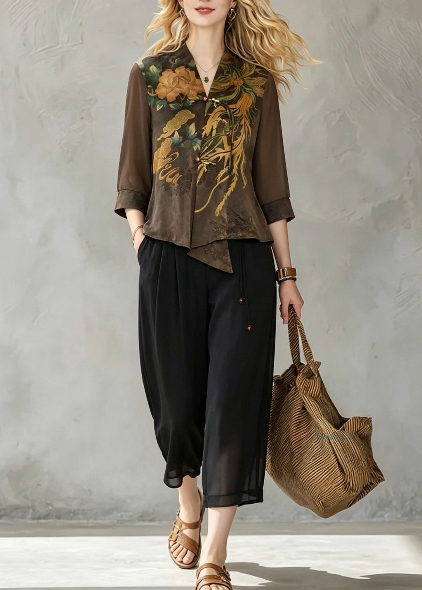 Women Coffee V Neck Print Chiffon Tops And Crop Pants Fall