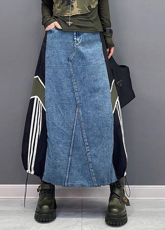 Women Colorblock Pockets Patchwork Drawstring Denim Skirt Summer