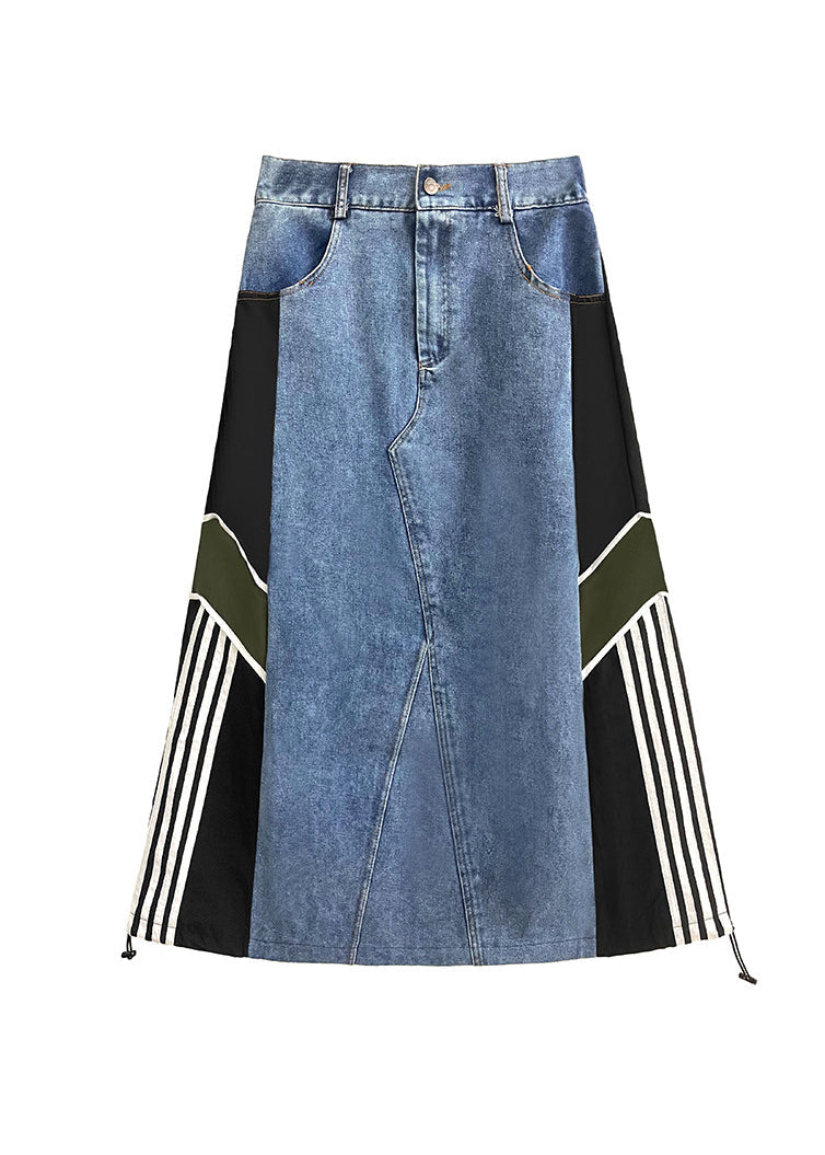 Women Colorblock Pockets Patchwork Drawstring Denim Skirt Summer