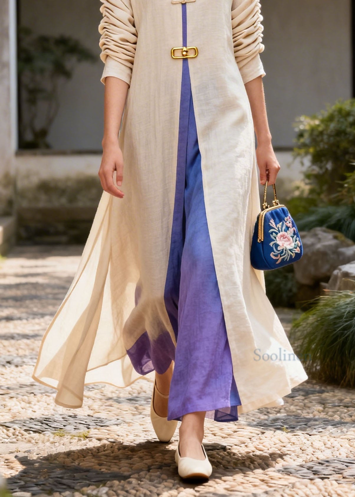 Women Colorblock V Neck Patchwork Cotton Long Dress