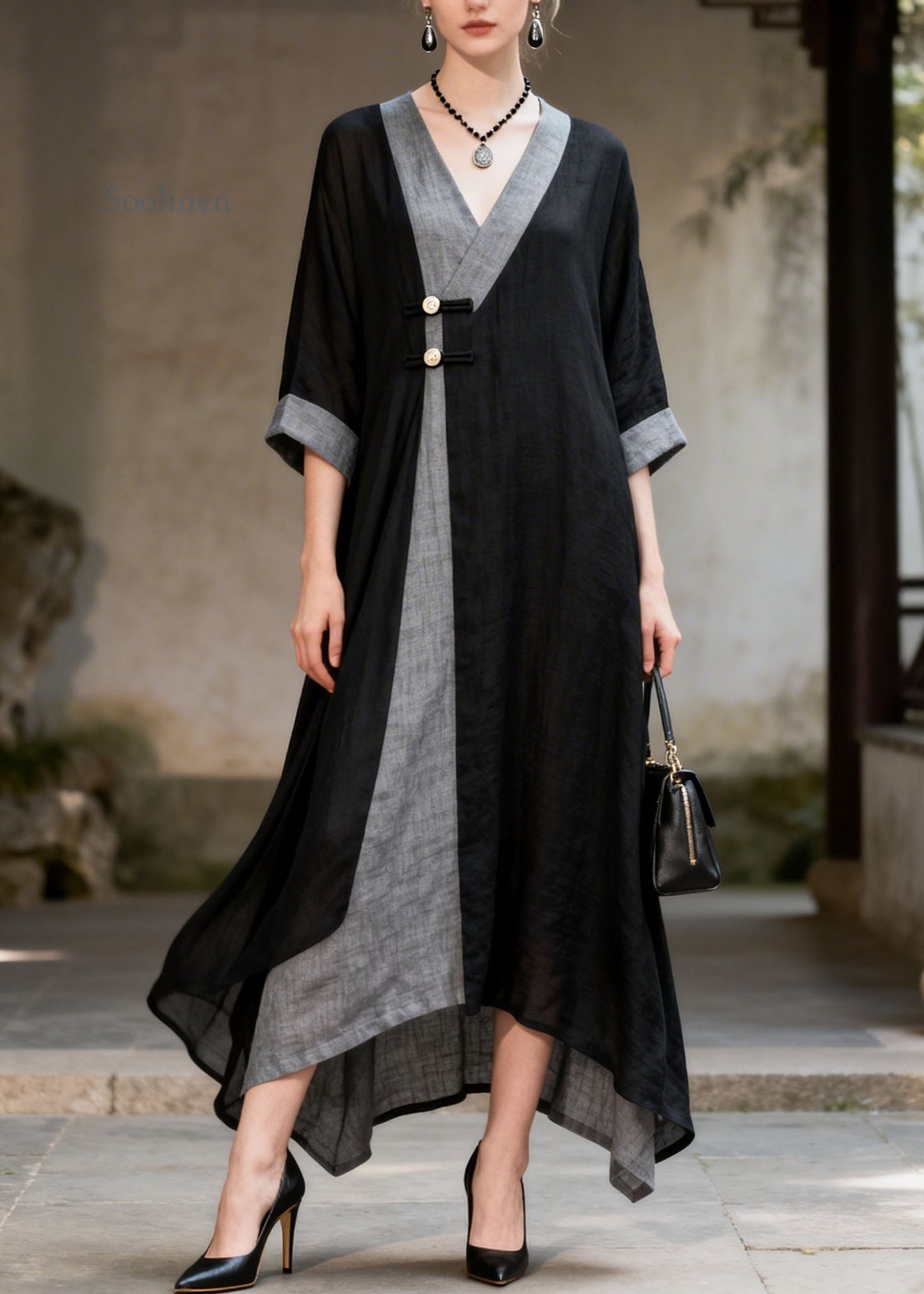 Women Colorblock V Neck Patchwork Cotton Long Dresses Summer