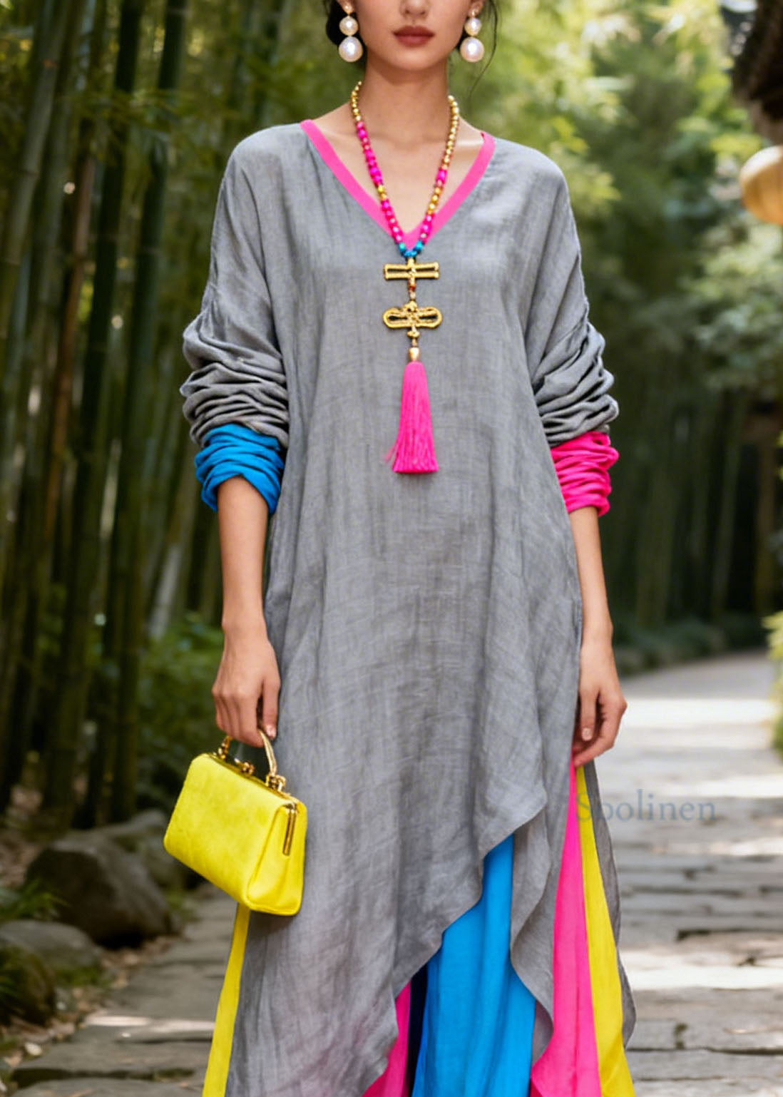 Women Colorblock V Neck Patchwork Cotton Maxi Dresses Summer