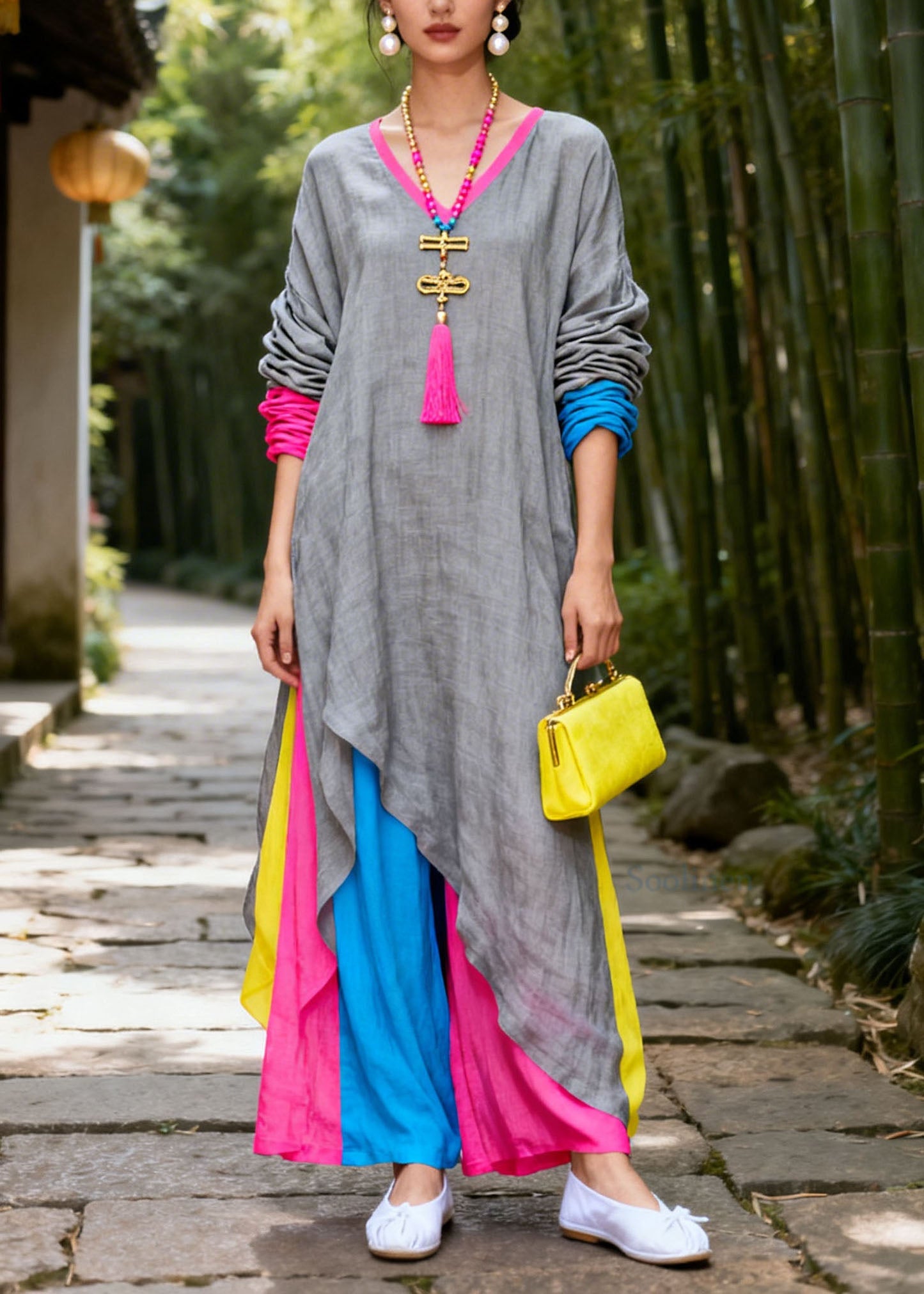 Women Colorblock V Neck Patchwork Cotton Maxi Dresses Summer