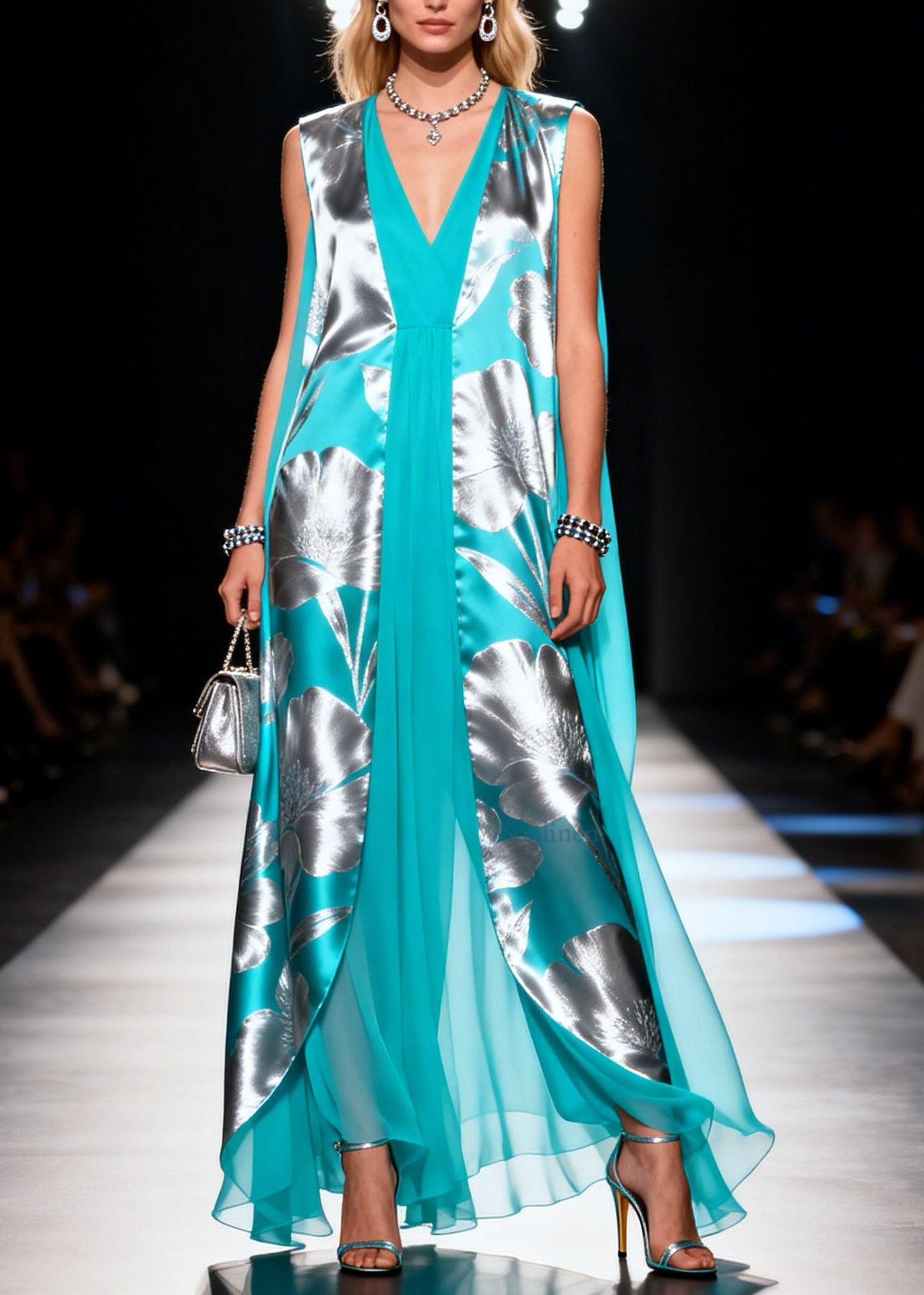 Women Colorblock V Neck Print Chiffon Dresses Sleeveless