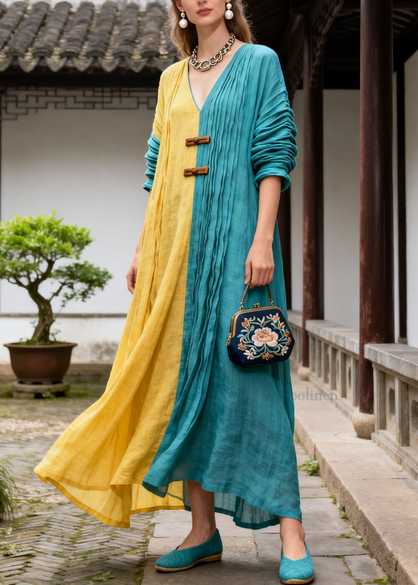 Women Colorblock V Neck Wrinkled Patchwork Cotton Dresses Summer