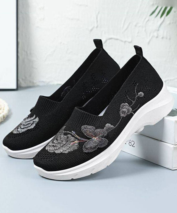 Women Comfy Embroidered Flat Shoes Green Breathable Mesh