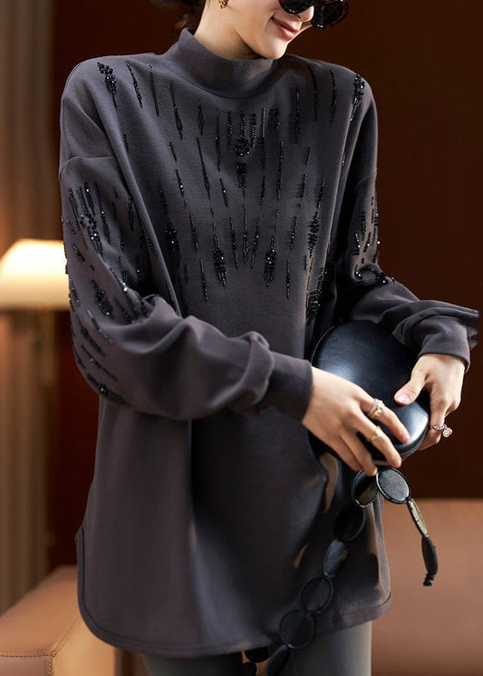 Women Dark Gray Turtleneck Print Bead Cotton Sweatshirt Long Sleeve