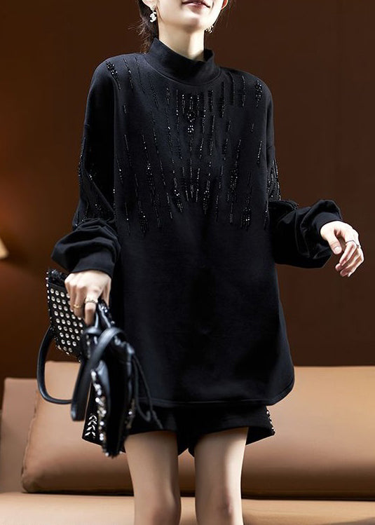 Women Dark Gray Turtleneck Print Bead Cotton Sweatshirt Long Sleeve