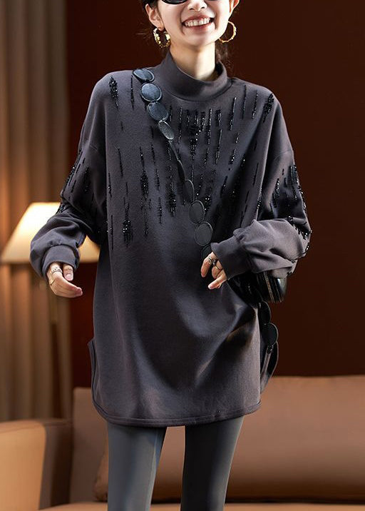 Women Dark Gray Turtleneck Print Bead Cotton Sweatshirt Long Sleeve