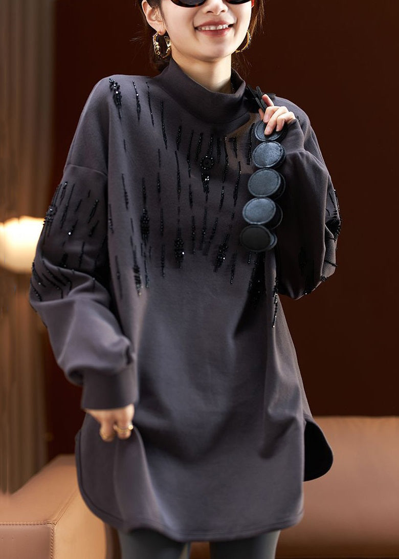 Women Dark Gray Turtleneck Print Bead Cotton Sweatshirt Long Sleeve