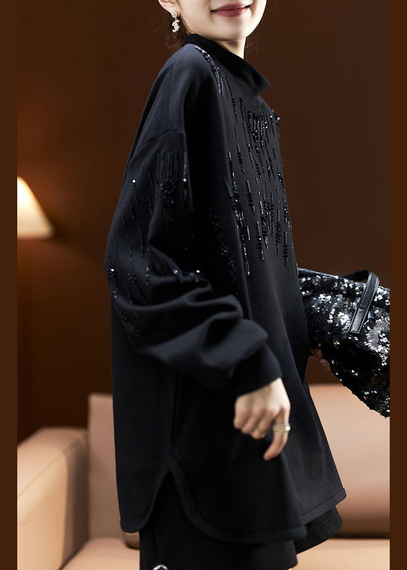 Women Dark Gray Turtleneck Print Bead Cotton Sweatshirt Long Sleeve