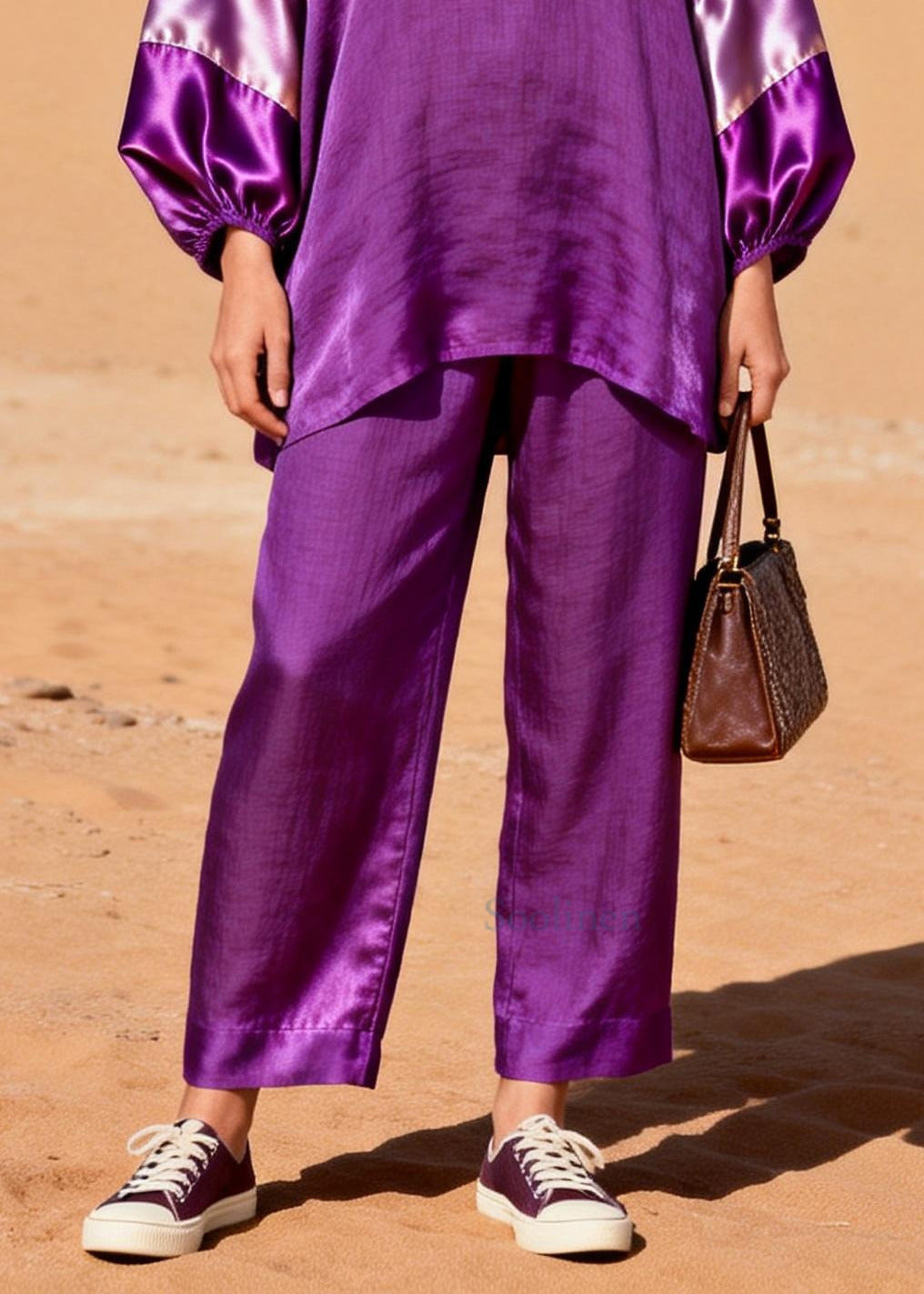 Women Dark Purple Oversized Patchwork Cotton Two Piece Set Spring