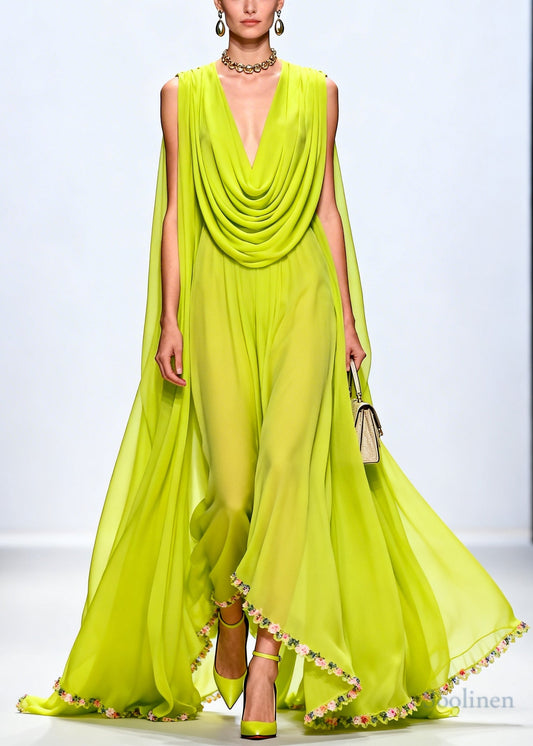Women Fluorescent Green Turtle Neck Exra Large Hem Chiffon Party Dress Sleeveless