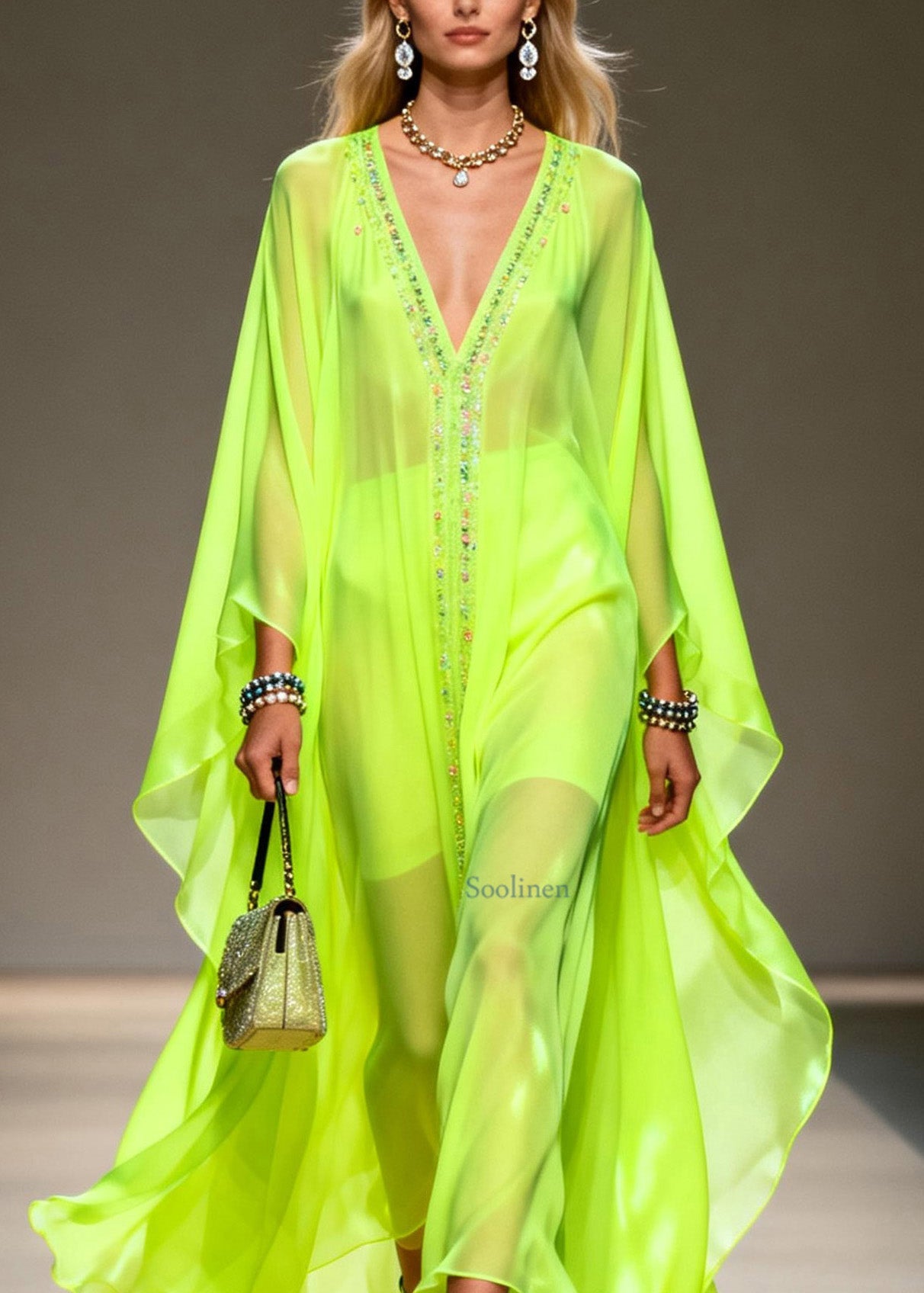 Women Fluorescent Green V Neck Zircon Chiffon Robe Dresses Summer