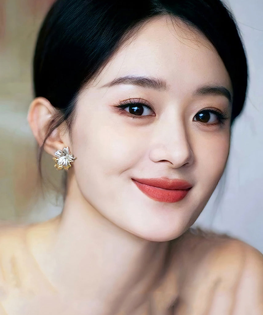 Women Golden And Silvery Flower Shape Metal Stud Earrings