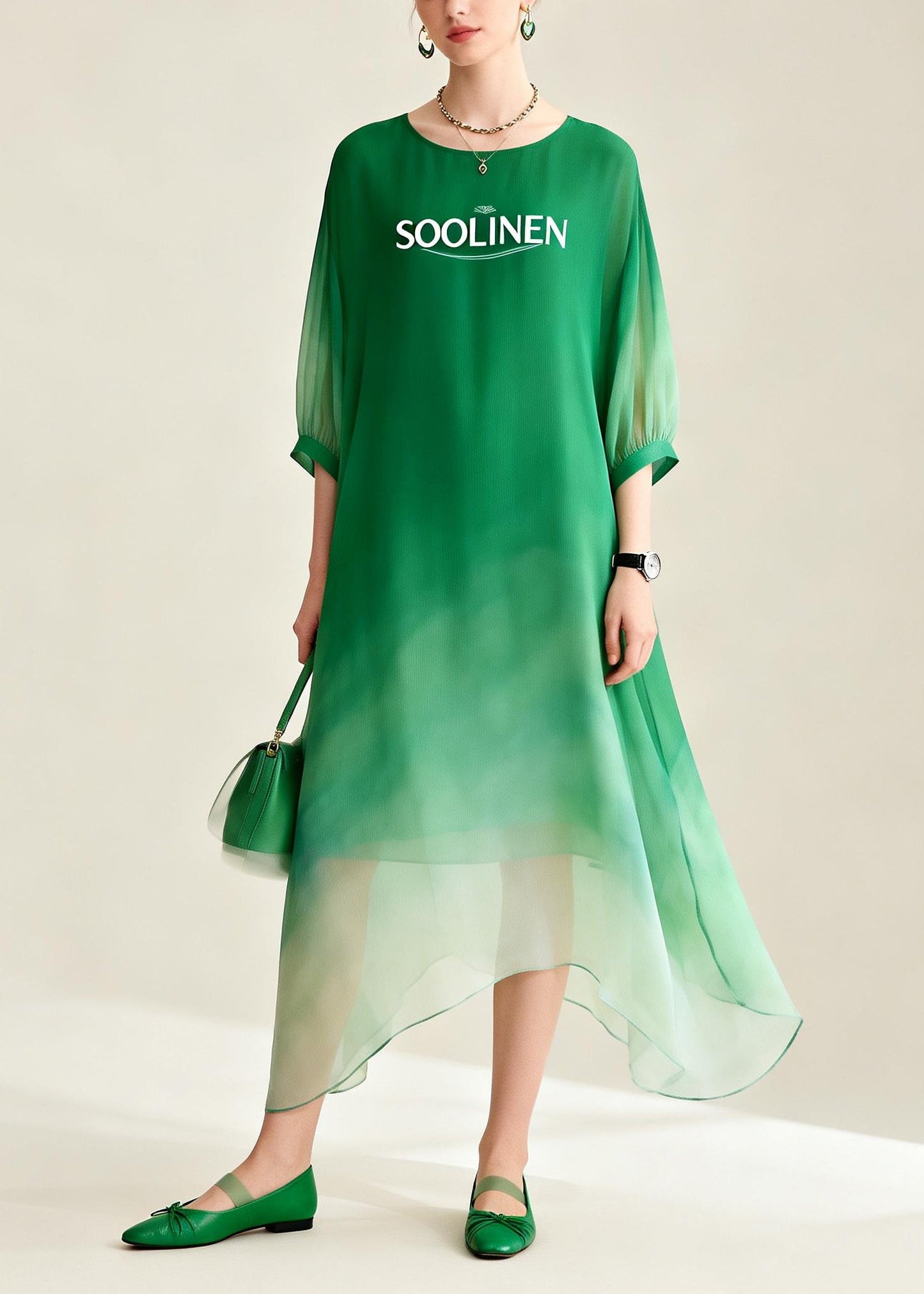 Women Gradient Color Asymmetrical Design Chiffon Ankle Dress Summer