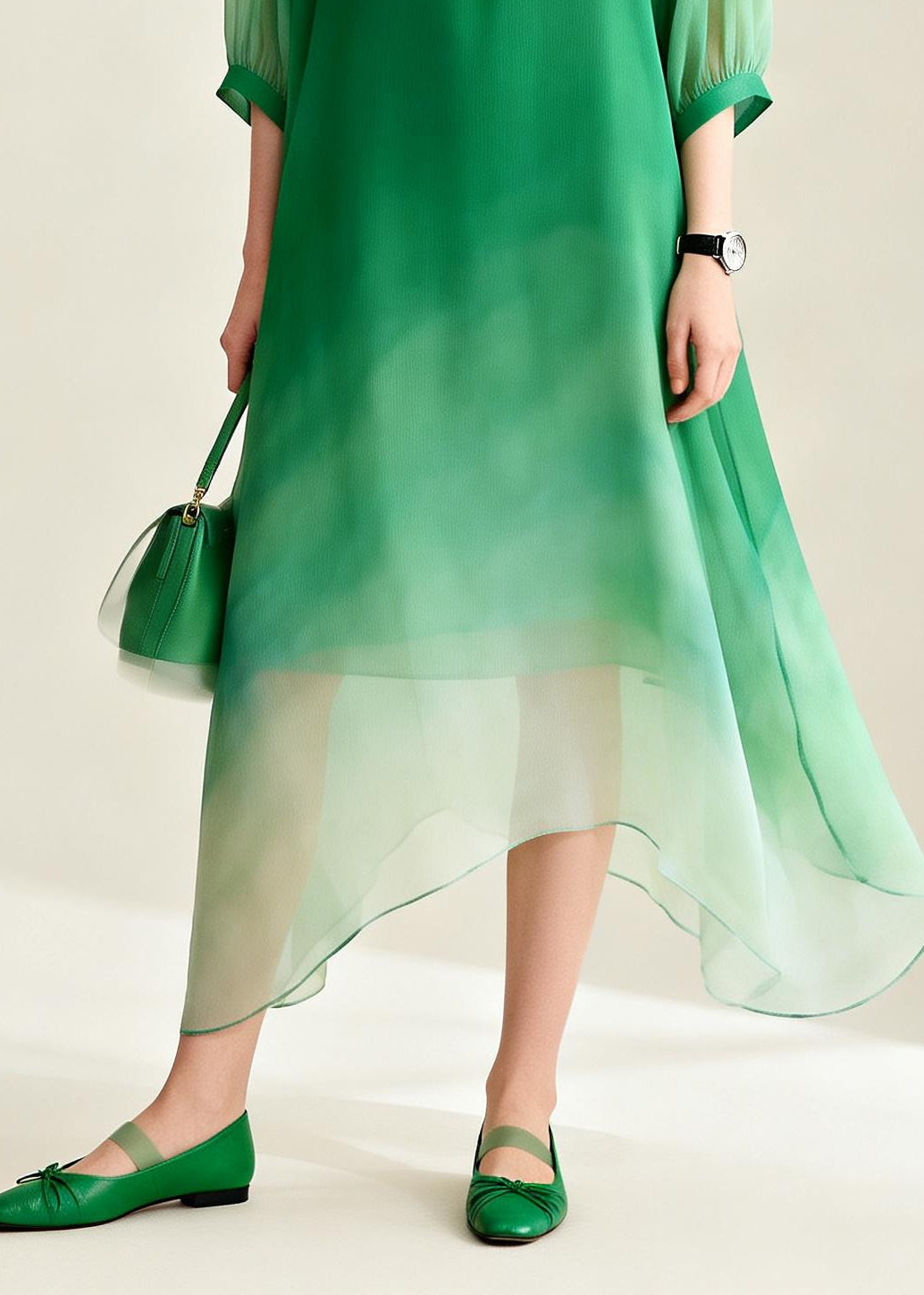 Women Gradient Color Asymmetrical Design Chiffon Ankle Dress Summer