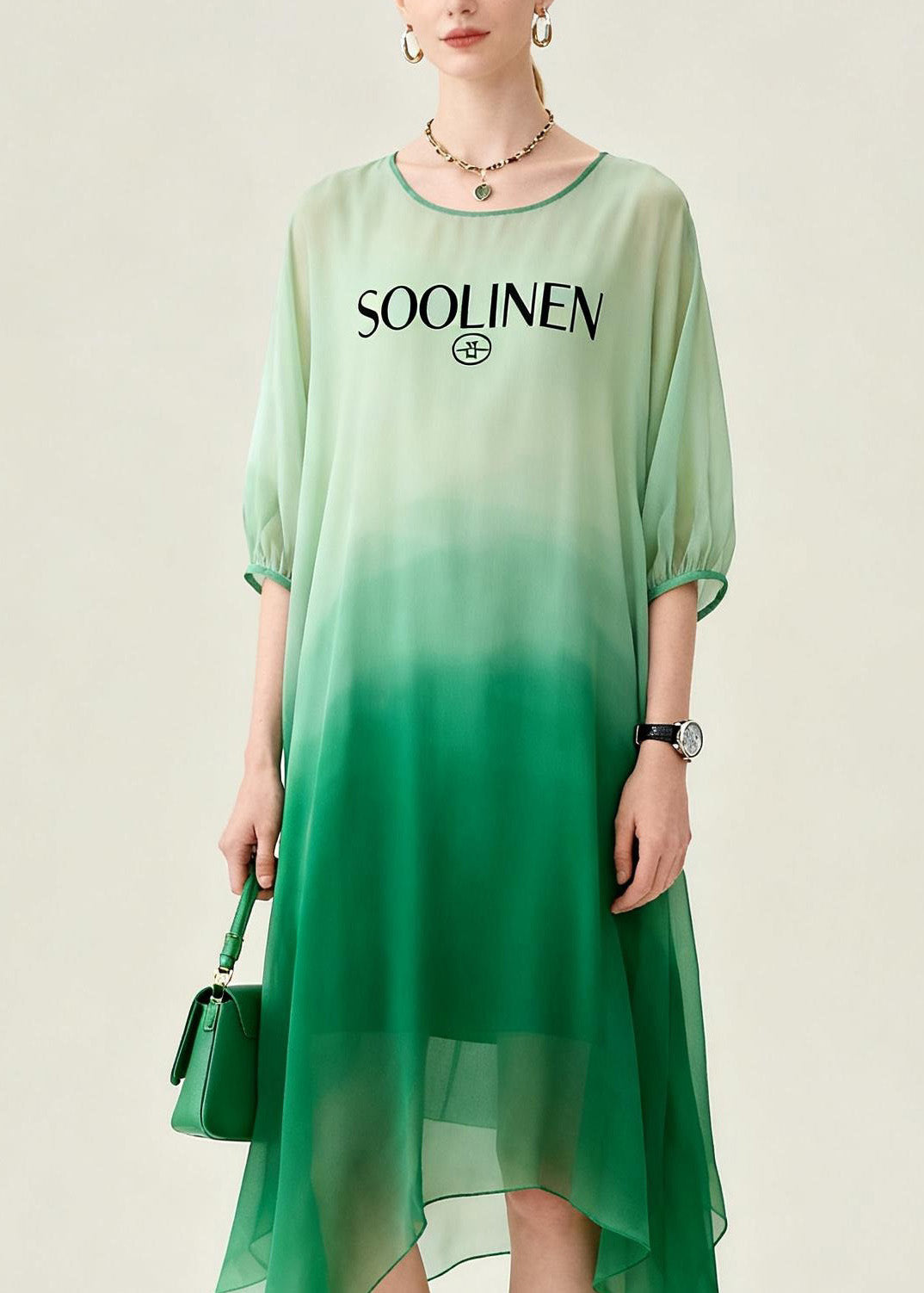 Women Gradient Color Asymmetrical Design Chiffon Dress Summer