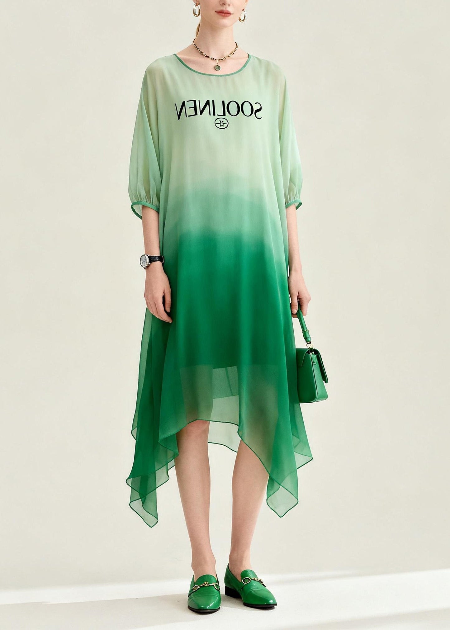Women Gradient Color Asymmetrical Design Chiffon Dress Summer