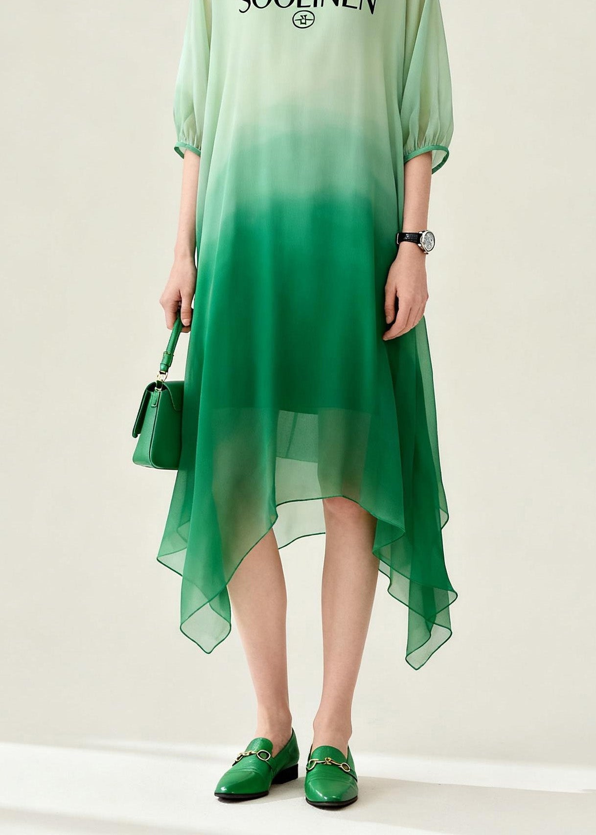 Women Gradient Color Asymmetrical Design Chiffon Dress Summer