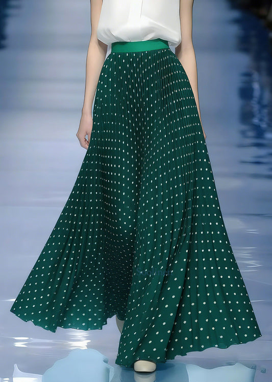 Women Green Elastic Waist Dot A Line Skirt Spring