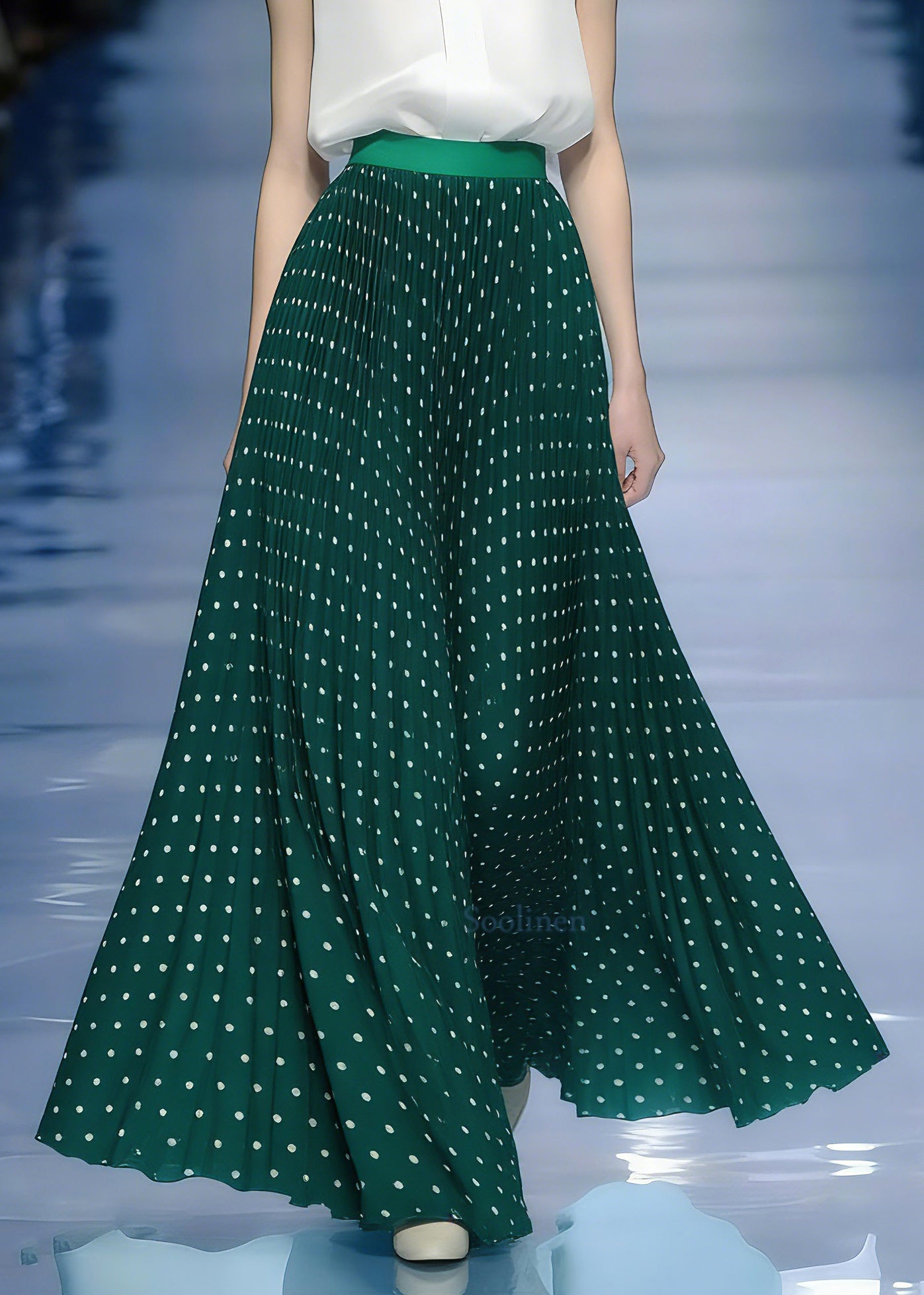 Women Green Elastic Waist Dot A Line Skirt Spring