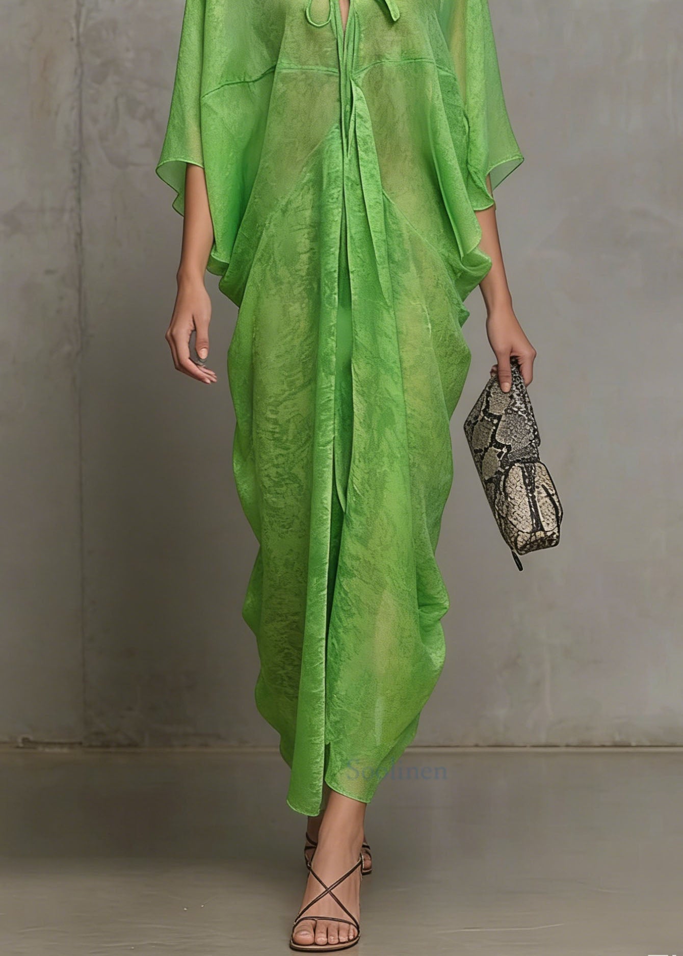 Women Green Lace Up Chiffon Vacation Dress Summer