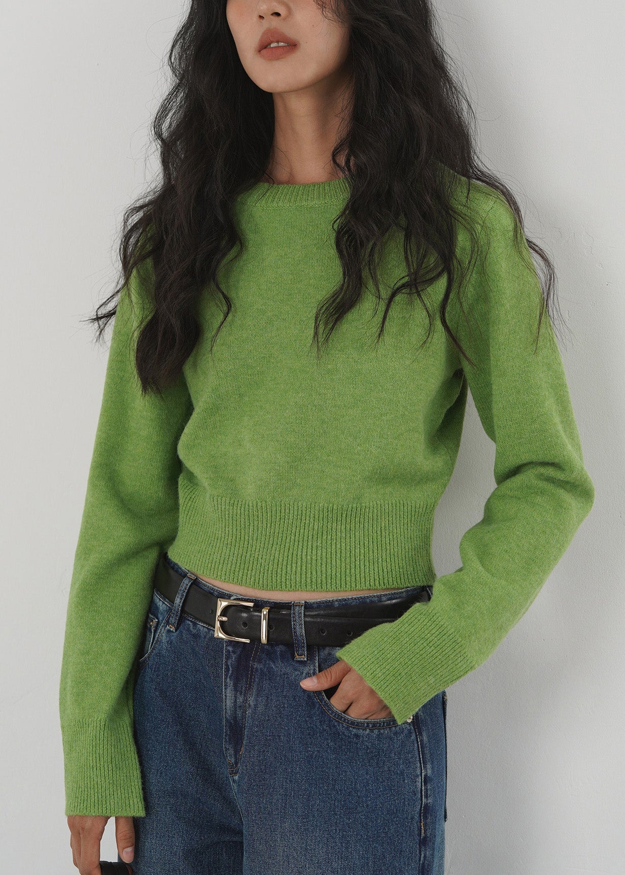 Women Green O Neck Knit Short Sweaters Tops Spring