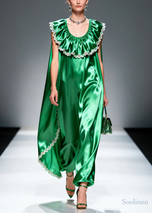 Women Green Oversized Patchwork Flower Lace Silk Maxi Dresses Sleeveless