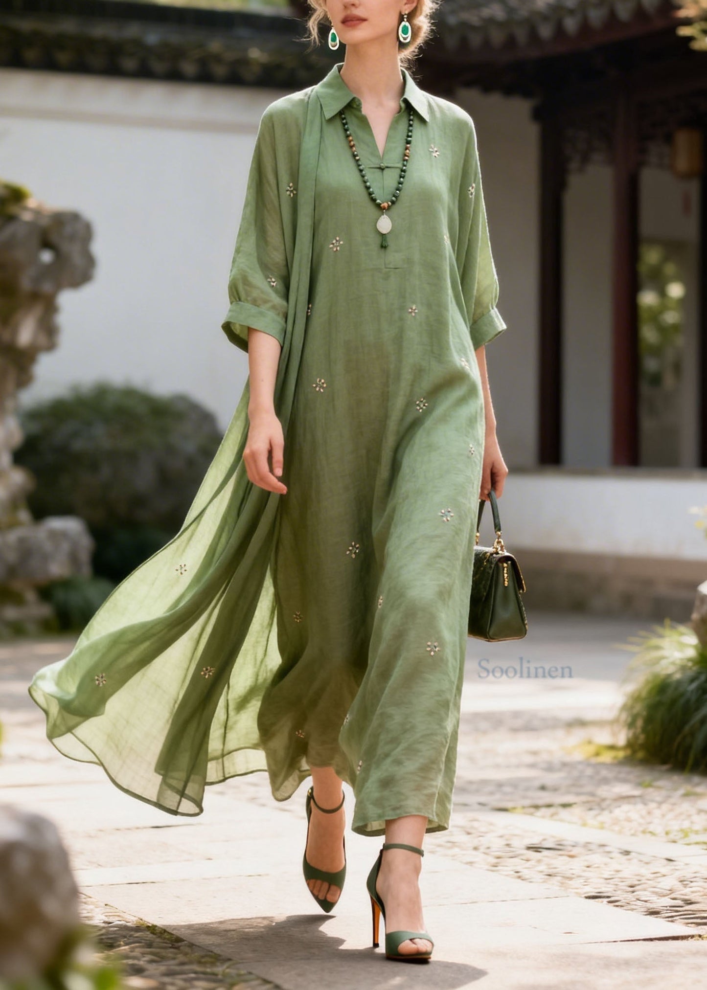Women Green Peter Pan Collar Patchwork Cotton Dresses Summer